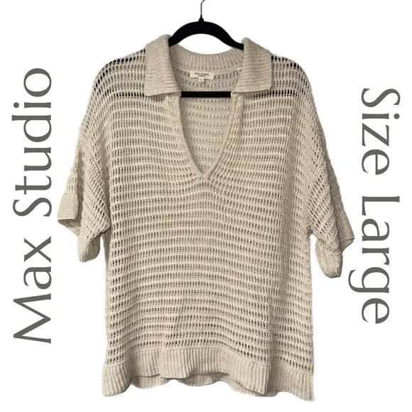 Max Studio - Knit Top - Beige Open-Weave V-Neck - Size Large - Picture 2 of 7